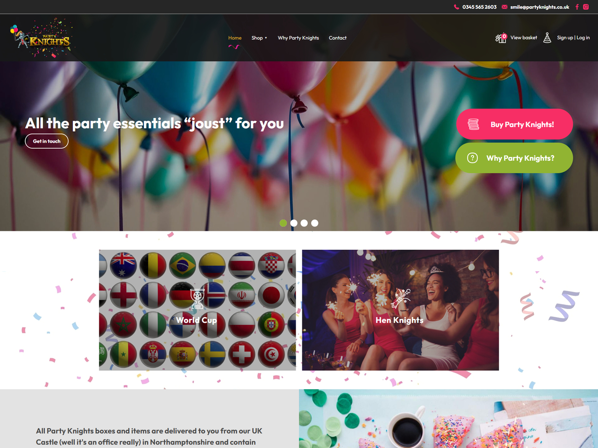 A website design for a party accessories company